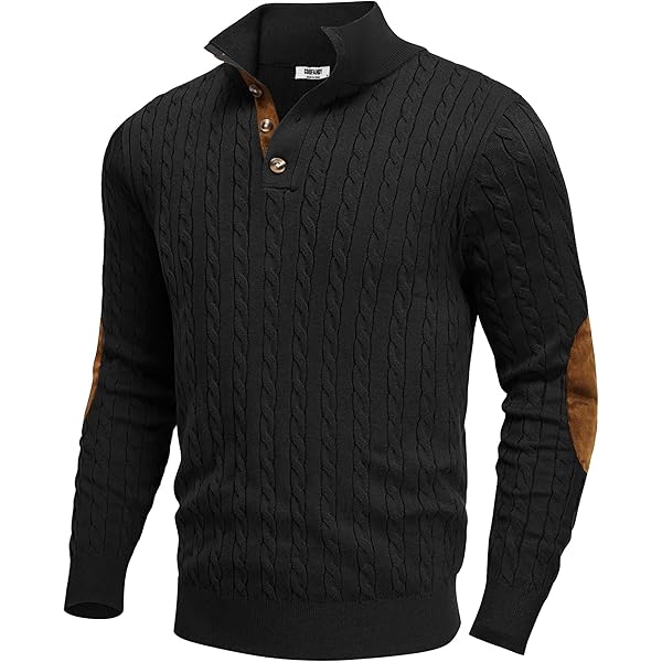SAVKOOV Men's Shawl Collar Pullover Sweater Casual Button Cable