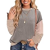 Fayenne Long Sleeve Shirts for Women Fall Fashion Crewneck Color Block Knitted Cute Tops Work Fall Clothes Trendy