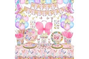 XJLANTTE 235 PCS Butterfly Party Decorations - Butterfly Balloons, Banner, Cake Topper, Fairy Wing, Tattoo, Stickers, Plates, Napkins, Cups, and Tablecloth for Girl Women Birthday Supplies, Serves 20 Guest