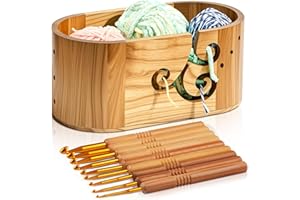 Marsui Yarn Bowl for Crocheting with 9 Knitting Hooks 3 Holes Curly Design Wooden Crochet Yarn Holder 10.79 x 5.47 x 4.72 Inch Oval Baskets for Knitting Storage for Knitters Lover Mother Gifts
