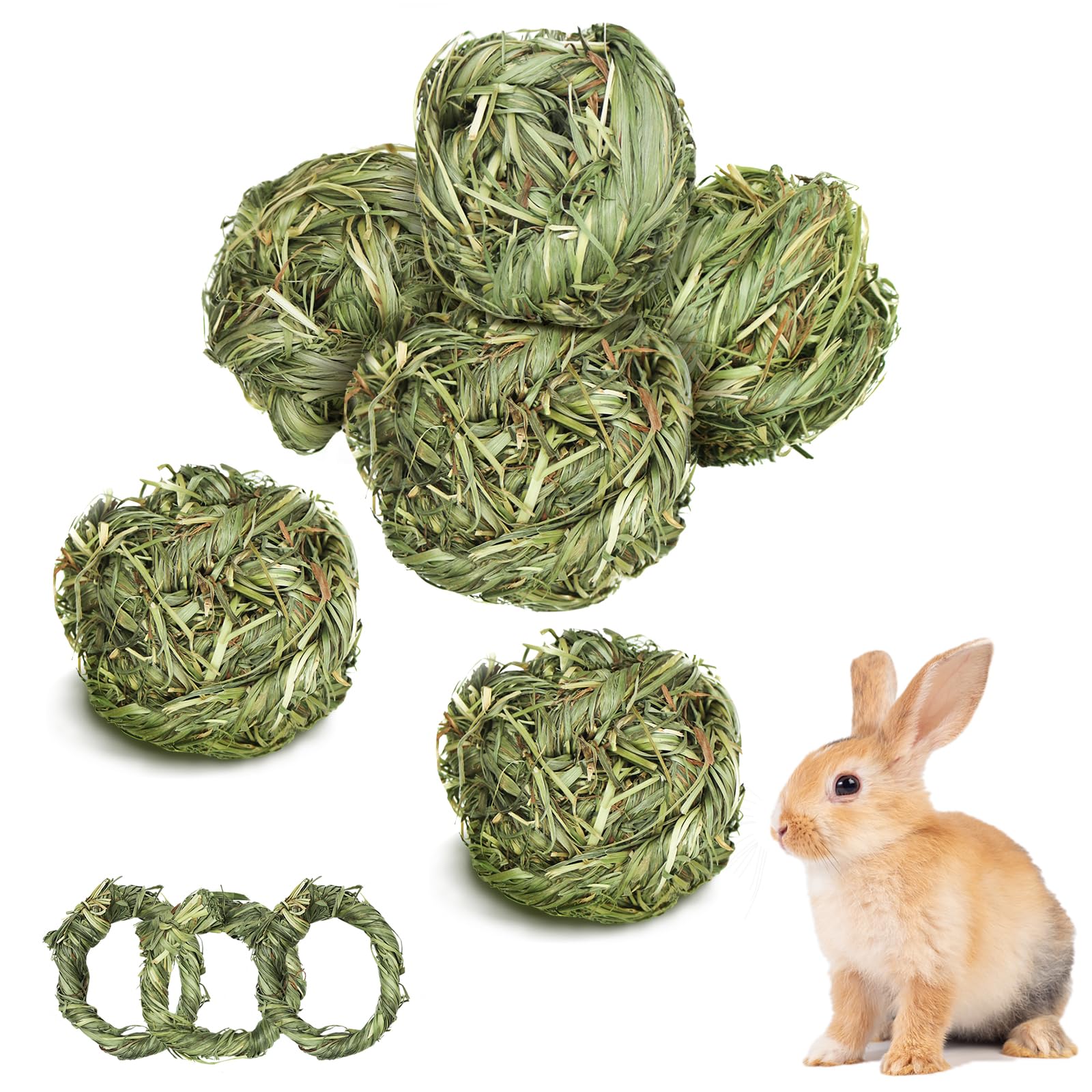 Episkey 6 Pcs Rabbit Chew Grass Balls,Bunny Chew Toys Natural Timothy Grass Ring,Teeth Grinding Activity Play for Bunny Rabbits Hamster,Chinchillas,Gerbils,Guinea Pigs (H01)