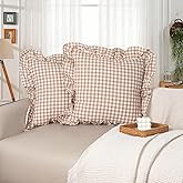 JoraLion 20"x20" Throw Pillow Covers, Khaki Scalloped Cotton Plaid Gingham Ruffle Decor Pillowcase Farmhouse Soft Cushion Case for Couch Sofa Bed Living Room, Set of 2, Covers ONLY
