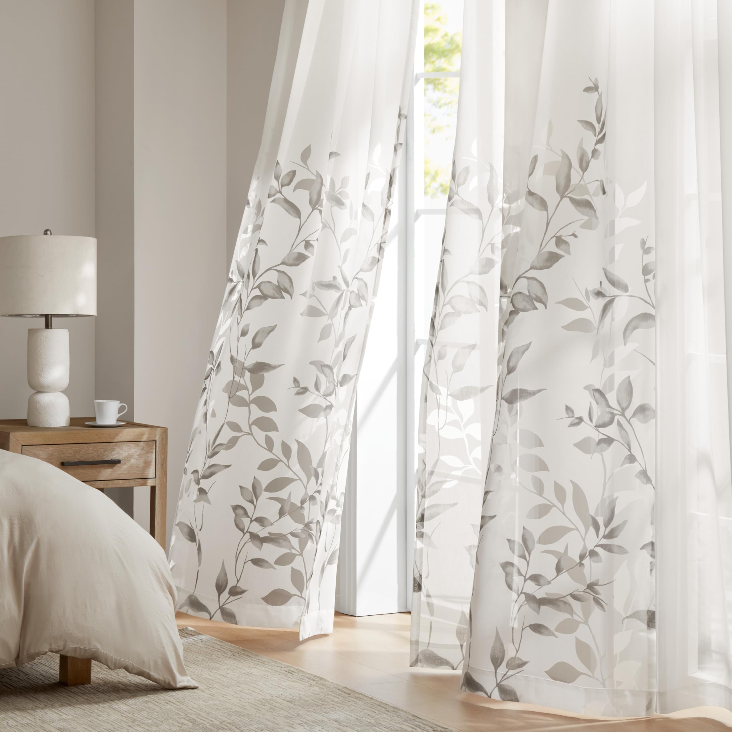 Madison Park Cecily Semi Sheer SINGLE Panel Window Curtain Burnout Botanical Print, Easy To Hang, Fits up to 1.25" Diameter Rod, 50x84, Leaves Grey — image 1