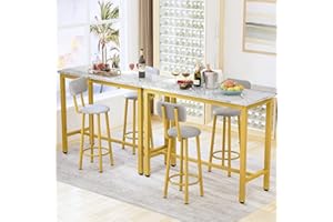 AWQM Bar Table Set for 4,Kitchen Dining Set with 2 Pub Height Table and 4 PU Leather Stools with Backrest,Faux Marble Table Breakfast Table for Small Space,White & Gold & Grey