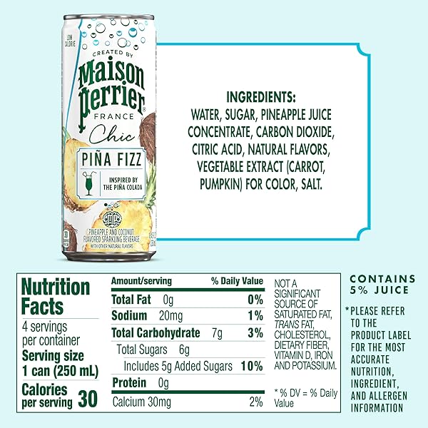 MAISON PERRIER CHIC PINA FIZZ, PINEAPPLE AND COCONUT FLAVORED SPARKLING BEVERAGE, LOW CALORIE, MOCKTAIL, 4-PACK