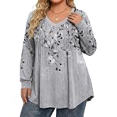 IN'VOLAND Womens Plus Size Shirts V Neck Puff Long Sleeve Tops | Loose Fit, Dressy Casual Blouse, Pleated, Fall Outfits, Business Work TShirts, Basic Tees