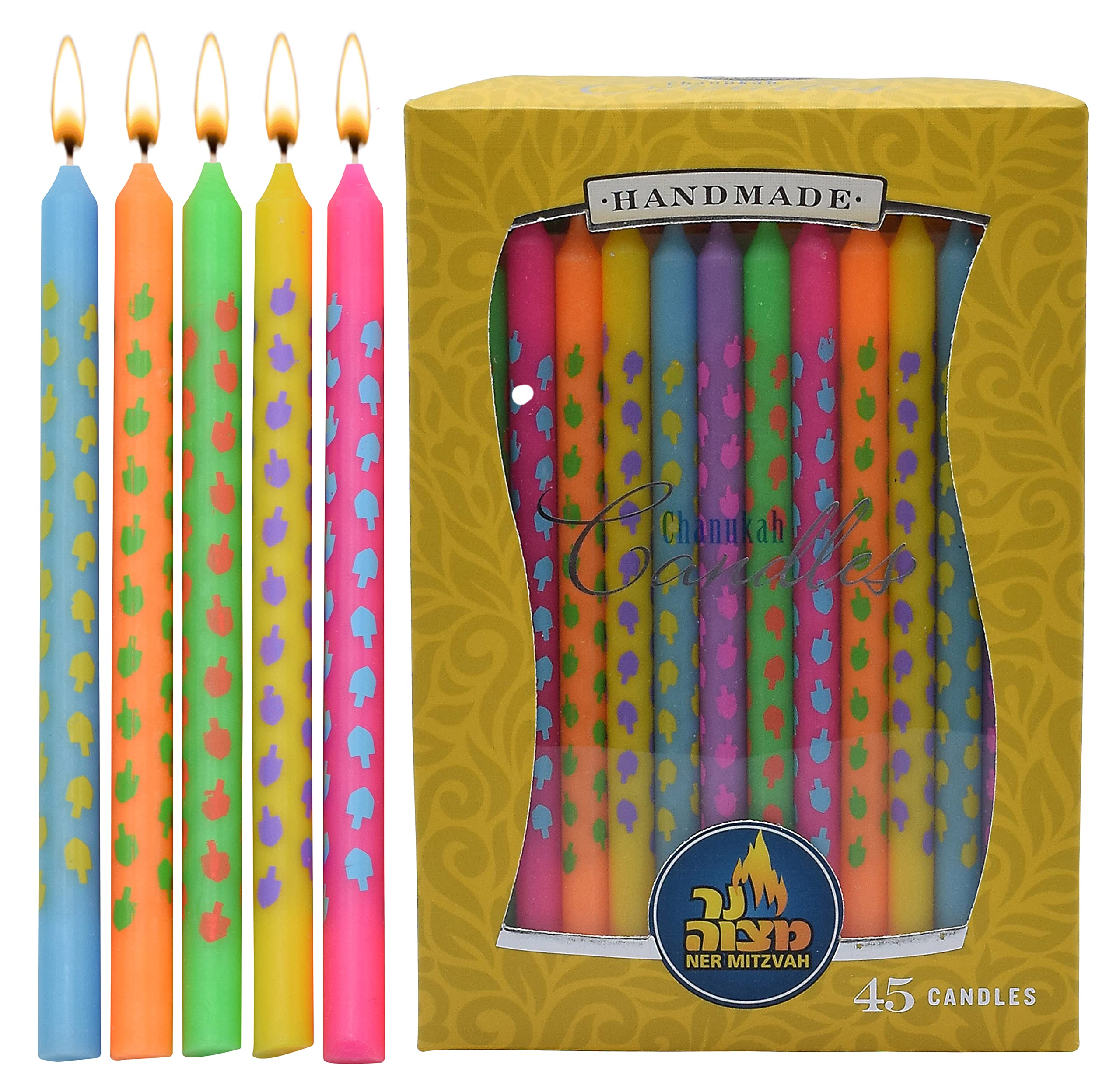 Dripless Chanukah Candles Standard Size - Dreidel Art Multi Colored Hanukkah Candles Fits Most Menorahs - Premium Quality Wax - 45 Count for All 8 Nights of Hanukkah - by Ner Mitzvah