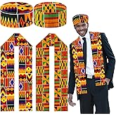 Shyyween 4 Pcs African Kente Kufi Stole and Hat, African Print Scarf Sash with Men Hat Dashiki Cloth Kente Clothing Accessory Turban for Black History Month Celebration Kwanzaa Graduation Choir