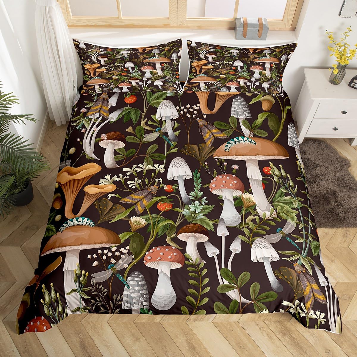 richhome Mushroom Duvet Cover Double Size 3 Pcs Watercolor Botanical Leaves Cute Strawberry Bedding Set for Kids Teens Adults Wild Dragonfly Rustic Jungle Style Comforter Cover with 2 Pillowcases
