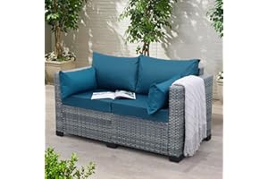 Lviden Outdoor Patio Loveseat Sofa, 2-Seater Small Couch, All Weather Wicker Love Seat Furniture with Peacock Blue Cushions, for Backyard, Garden, Porch, Deck, Balcony