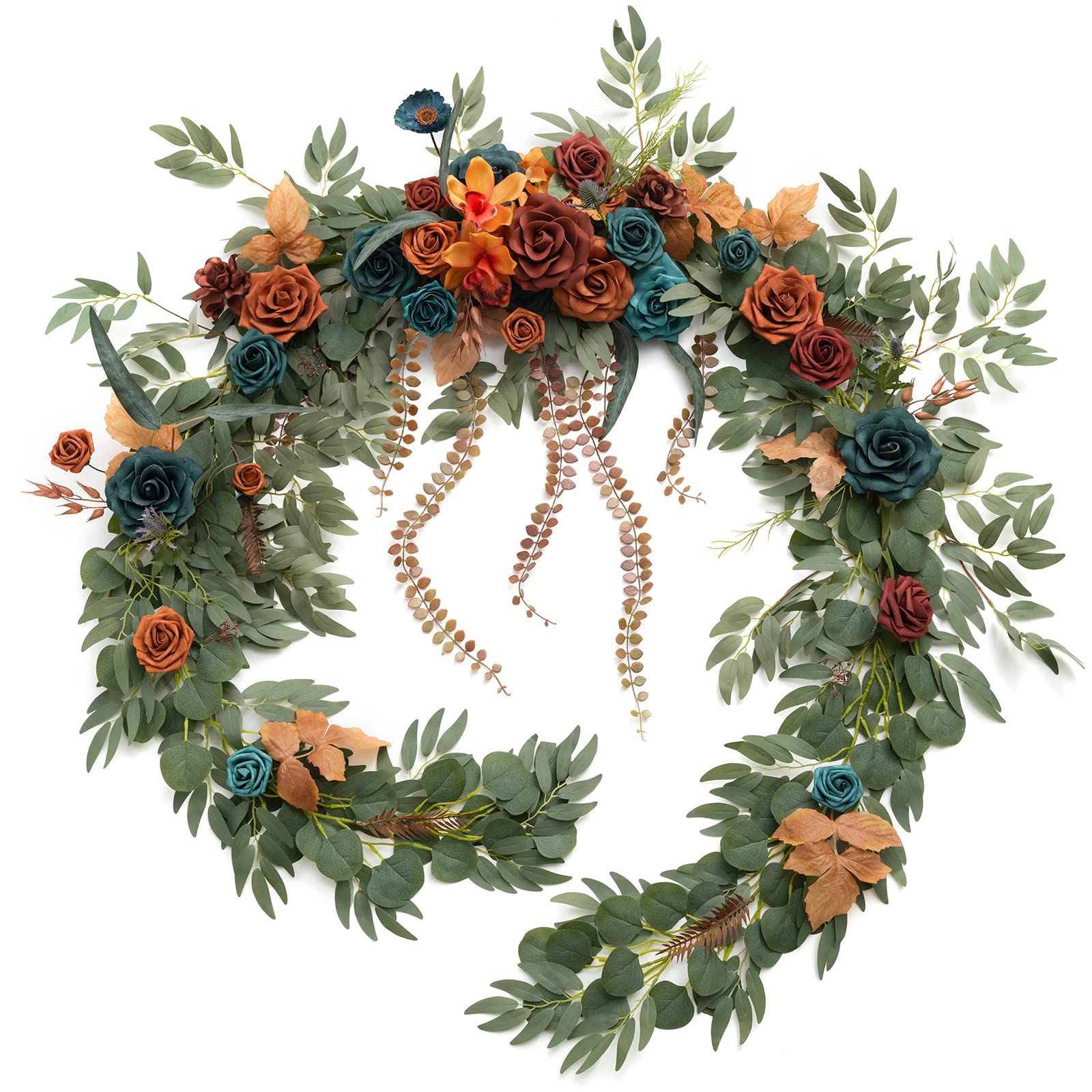 Photo 1 of Ling's Moment 9FT Flower Garland for Backdrop Decoration - Fall Wedding Arch Flowers, Eucalyptus & Rose, Artificial Floral Garland for Mantle - Sweetheart Table Decor for Ceremony, Teal & Orange