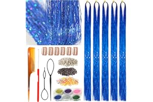 CelineBella Blue Hair Tinsel Tool Kit Fairy Hair Tinsel Extensions Heat Resistant Sparkling Shiny Highlights Glitter Tinsel Hair for Women Girls Kids (48 Inch Pack of 5Pcs, Sapphire Blue)