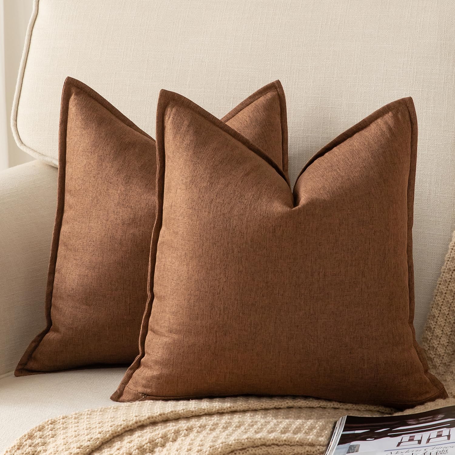 YAERTUN Pack of 2 Decorative Linen Soild Cushion Covers Farmhouse Neutral Throw Pillow Cases for Chair Couch Sofa Bedroom Living Room Home Decor 26 x 26 Inch 65x65 cm Coffee