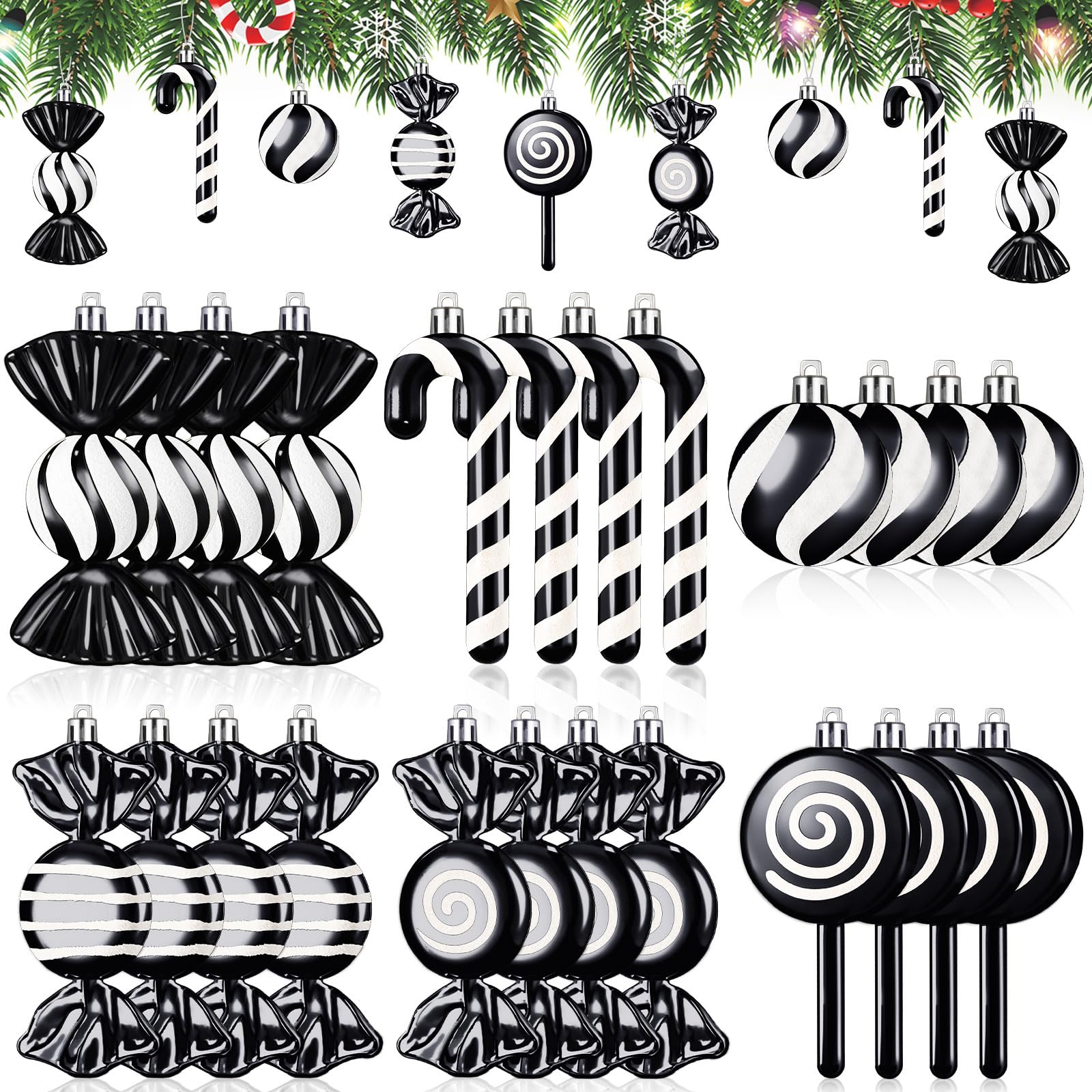 Photo 1 of 24 Pcs Christmas Candy Ornament Set Peppermint Ornament Candy Xmas Tree Decoration Assorted Shapes Hanging Ornament with Ribbon New Year Holiday Festival Home Decor Party Gift(Black)