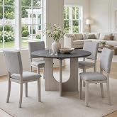 Stella Mia 5-Piece Round Dining Table Set for 4 w/ Upholstered Chairs, Gray | U-Shaped Pedestal Base, Round Tabletop, 4 Upholstered Fabric Chairs, Space Saving Dinner Table for Dining Room, Kitchen