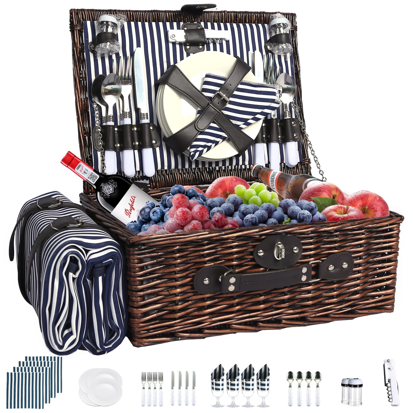 Photo 1 of YPshuye Picnic Basket Set for 4 with Waterproof Blanket Mat Insulation Bag Wicker Navy Blue Brown Stripe Vintage Retro Classic Gift for Wedding Birthday Summer Camp Outdoor Camping Travel Christmas