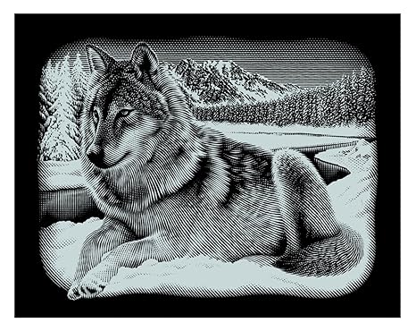 Mammut 137011 Kratzbild, Motiv Wolf, Silber, glänzend, quer, Komplettset mit Kratzmesser und Übungsblatt, Scraper, Scratch, K