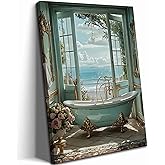Blue Ocean Theme Bathroom Canvas Wall Art Vintage Teal Bathtub Picture Wall Decor Light Blue Beach Poster Coastal Windows Sea View Painting Print Artwork for Bathroom Toilet Restroom Home Decoration
