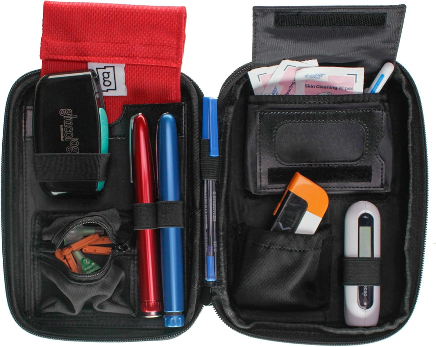 Glucology™ Diabetic Travel Case - Organizer for Blood Sugar Test Strips, Medication, Glucose Meter, Pills, Tablets, Pens, Insulin Syringes, Needles, Lancets - Hardshell Pack - Expandable, Red: Health & Personal Care