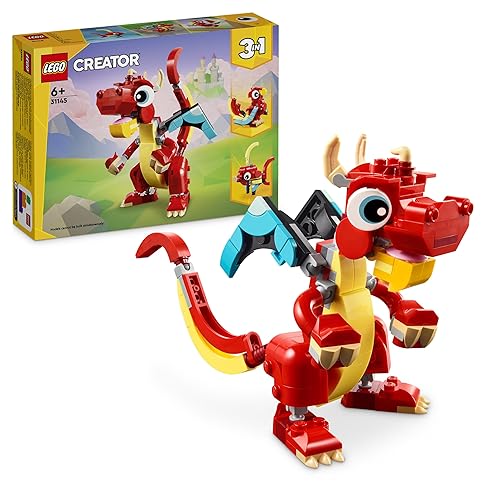 LEGO Creator 3in1 Red Dragon Toy to Fish Figure to Phoenix Bird Model, Animal Figures Set, Gifts for 6 Plus Year Old Boys, Girls and Kids 31145