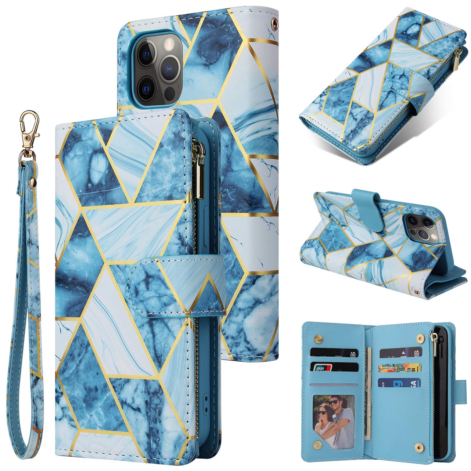 DEFBSC Case for 6.1" iPhone 11, Premium PU Leather Geometric Marble Pattern Zipper Wallet Case with Detachable Wrist Strap, Magnetic Closure Card Slots Shockproof Flip Cover Case - Blue