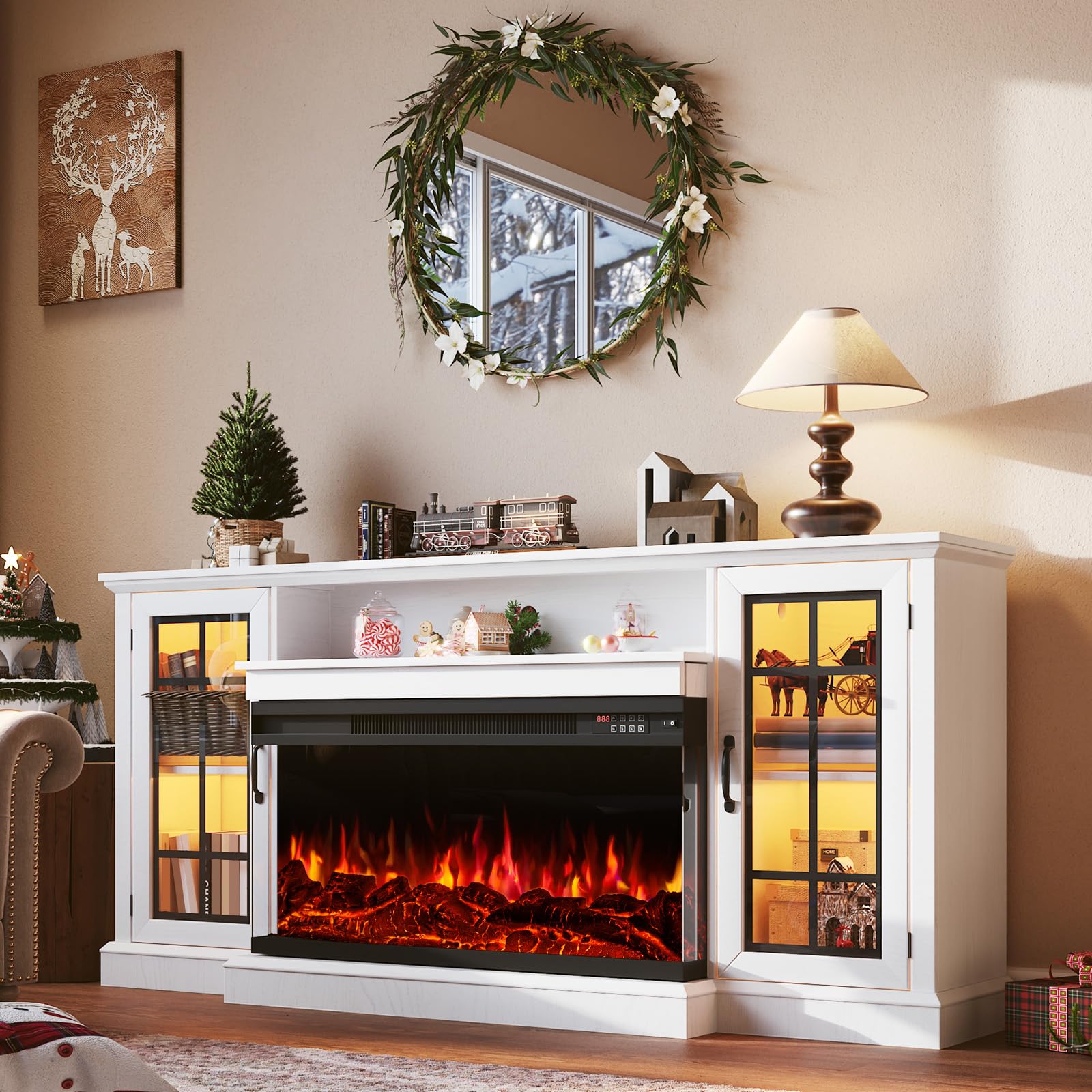 Photo 1 of *PARTIAL SET*
OneBlis 70 Inch Fireplace TV Stand for TVs up to 80", Rustic Media Entertainment Center Console Table with Glass Door Closed Storage, 3-Sided Glass Fireplace, White