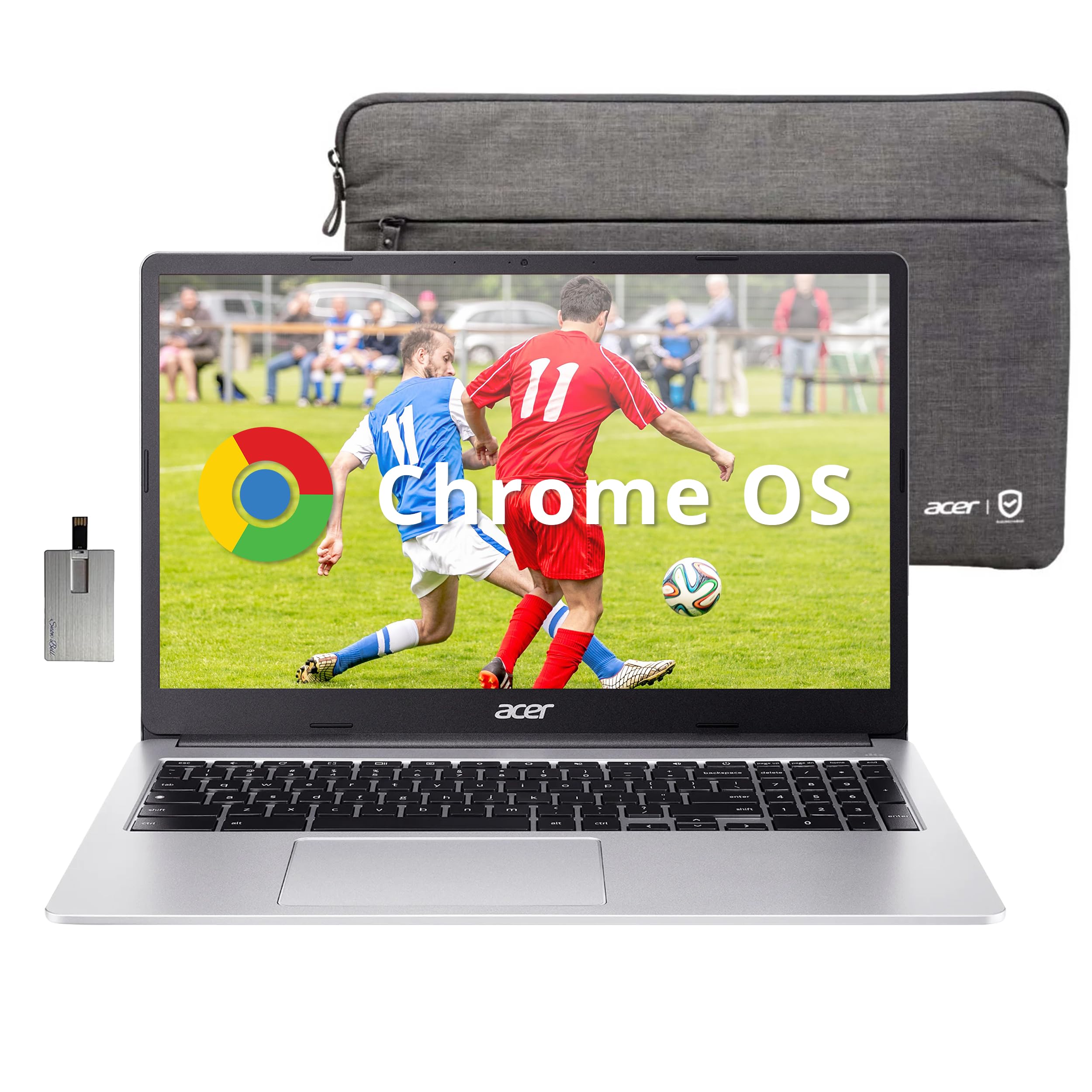 Acer 315 15.6" FHD Chromebook, Intel Celeron N4500, 4GB LPDDR4 RAM, 64GB eMMC, Intel UHD Graphics, HD Webcam, Numeric Keypad, WiFi 6, Chrome OS, Pure Silver, 128GB Hotface USB Card