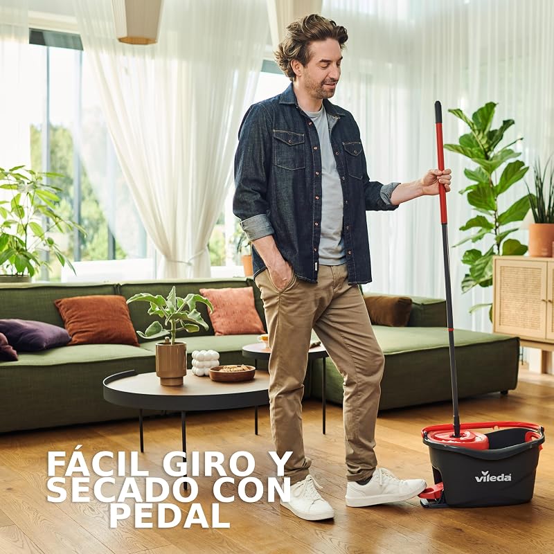 Esfregona vileda turbo easy wring & clean com balde de pedal, cabo telescópico de 85 a 130 cm, com limpador giratório, microfibra 2 em 1, vassoura cinza