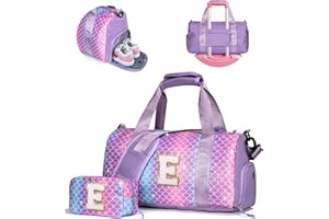 Vogewood Birthday Gifts for 4 5 6 7 8 9 10 11 12 13 Year Old Girls-Girl Gym Bag with Shoe Compartment, Kid Weekender Dance Bags,Travel Tote with Makeup Pouch, Preppy Things for Kids (Letter E)
