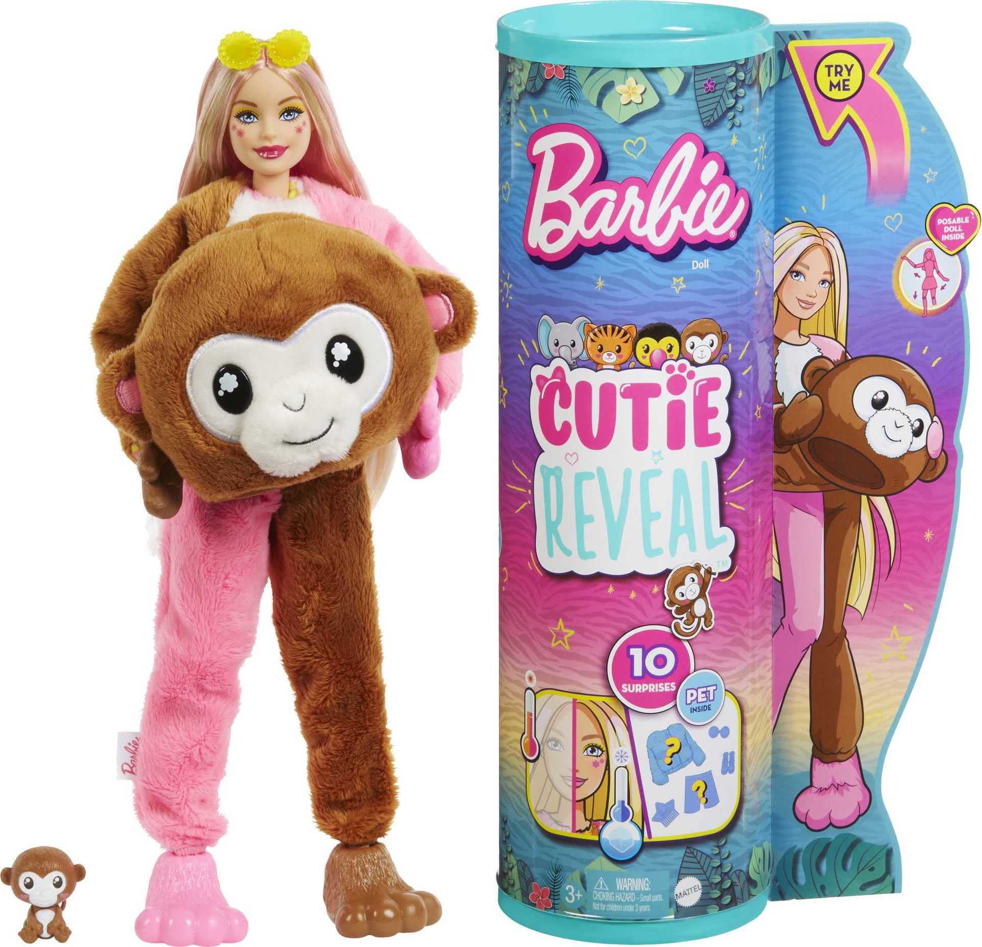 ​Barbie Dolls and Accessories, Cutie Reveal Doll with Monkey Plush Costume & 10 Surprises Including Color Change, Jungle Series