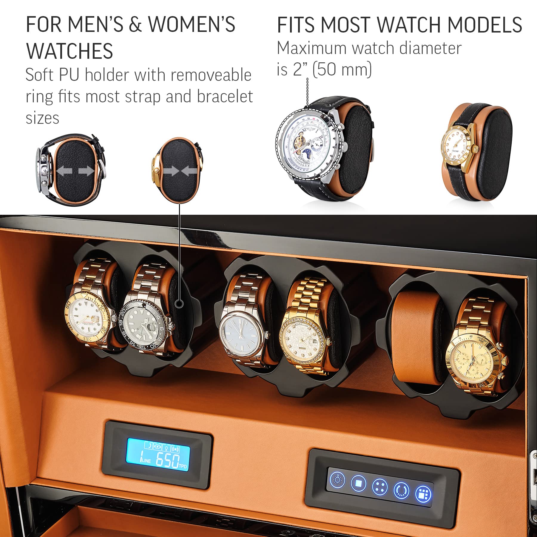 6 Watch Winder with Jewelry Storage Drawer, LCD Display, Touch Control and Interior Backlight