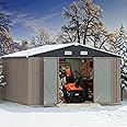 Greesum 10×10 FT Outdoor Storage Shed, Metal Storaged Sheds Without Floor, Tool Sheds with Lockable Doors and Slooping Roof for Garden, Patio, Backyard, Brown