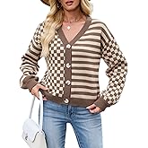 ZAFUL Cardigan Sweaters for Women Trendy Fall 2025 Striped Checkered Button Down Oversized Knit Sweater Outerwear