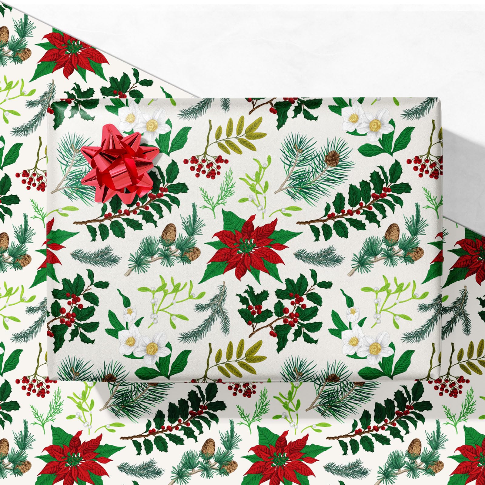 Photo 1 of ***PACK OF 2**GIOLNIAY Winter Floral Christmas Wrapping Paper for Women Girls - Xmas Gift Wrap with Red Flowers, Holly, Pinecones & Winter Greenery - 4 Jumbo Sheets, 28" x 40" Each (31 sq. ft ttl), Easy to Store