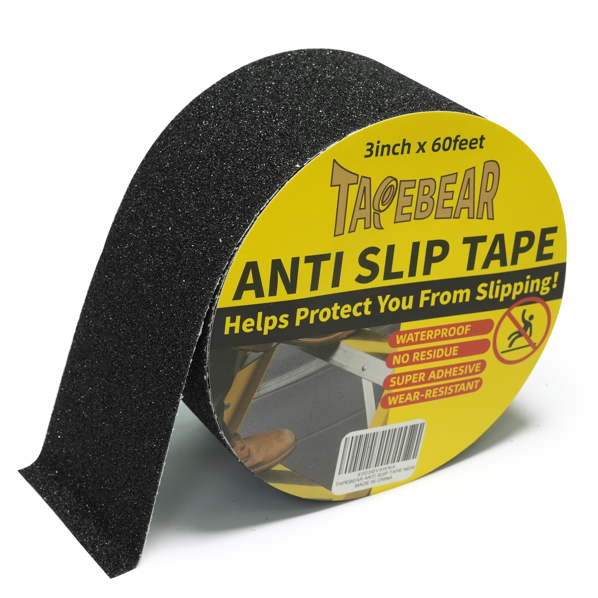 TAPEBEAR Non Slip Hazard Tape, Black Safety Tape, Grip Tape Roll, Anti Slip Caution Tape, Warning Tape for Indoor Outdoor Steps Stairs, Strong Grip, 3inch X 60feet