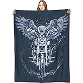 VODRM Eagle and Motorcycle Blanket Rider Bike Dark Throw Blankets,Gifts for Woman Men,Lightweight Soft Fleece,Motorcyclist Art,for Sofa Couch Bed Room Modern Cool Bold Decor 50x60in