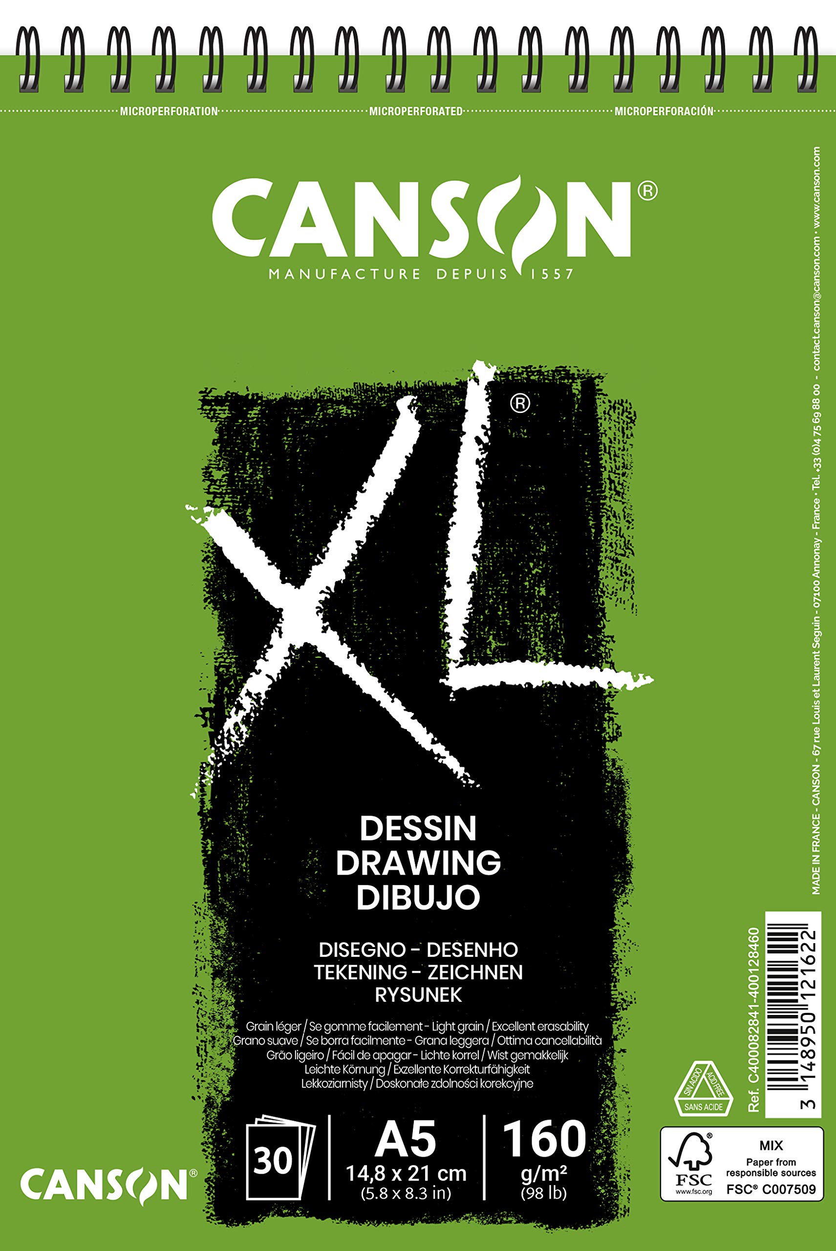 CANSON XL Drawing 160gsm A5 Paper, Light Grain, Spiral Pad Short Side, 30 White Sheets, For Professional Artists & Illustrators