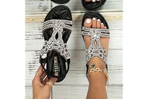Dbzhuyn Sandals Women Dressy Summer Flat,Women's Flat Sandals Beach Sandal T-Strap Rhinestone Beaded Flower Bohemia Sandals Comfortable Fashion Crystal Sandals Low Heeled Sandals Flat Shoes