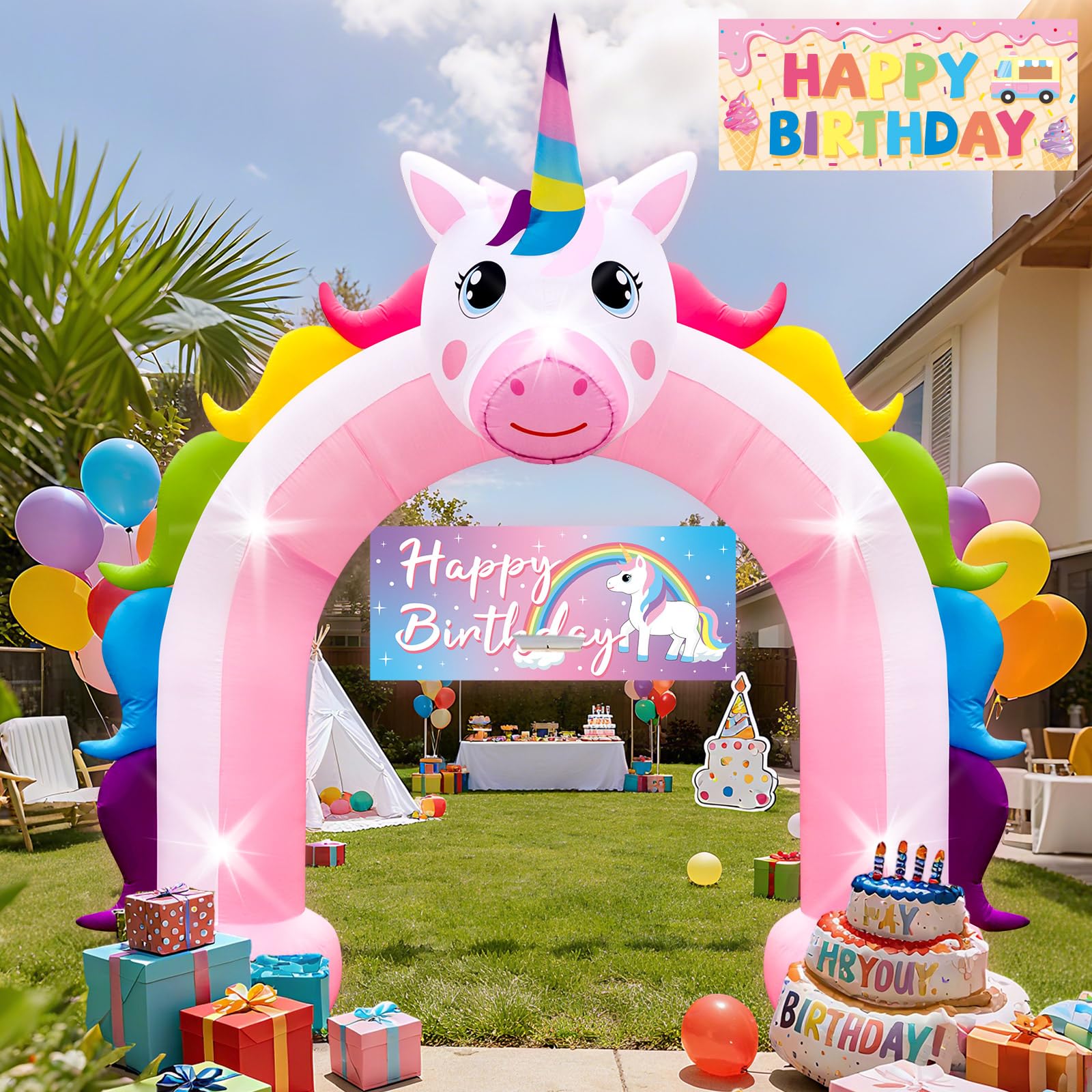 Photo 1 of 10FT Christmas Inflatable Unicorn Arch Outdoor Decorations Giant Rainbow Inflatables Arch Built-in 5 LED Lights Blow Up Pastel Unicorn Garden Yard Lawn Decor for Baby Shower Girls Birthday Party