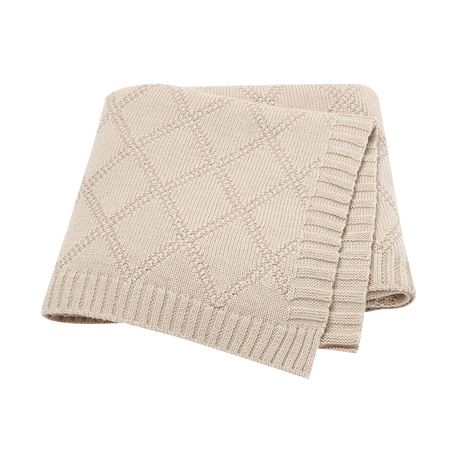 Hadetoto Baby Blanket Soft 100% Cotton Knitted Baby Cellular Blanket for Newborn Boy Girls - Beige