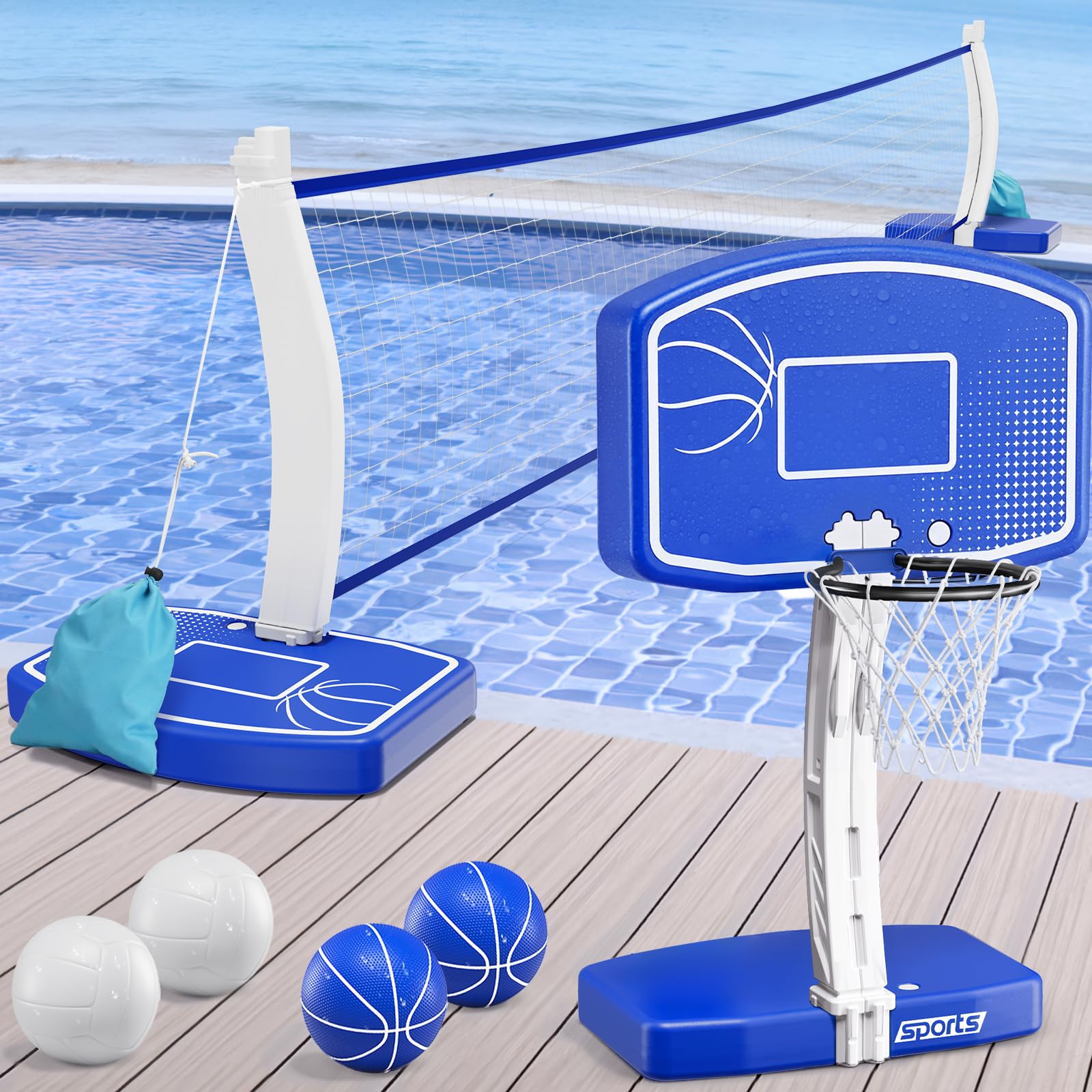 Photo 1 of HYES 2-in-1 Pool Basketball Hoop and Volleyball Net, Pool Volleyball & Poolside Basketball Game Set for Inground Swimming Pool, Summer Outdoor Water Games Toys for Kids Teens Adults Family