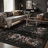 Nayoroom Firefly Floral Black Area Rug 8x10, Faux Wool Soft Washable Non-Slip Rug, Dark Botanical Firefly Rug for Living Room Bedroom Mud Room.