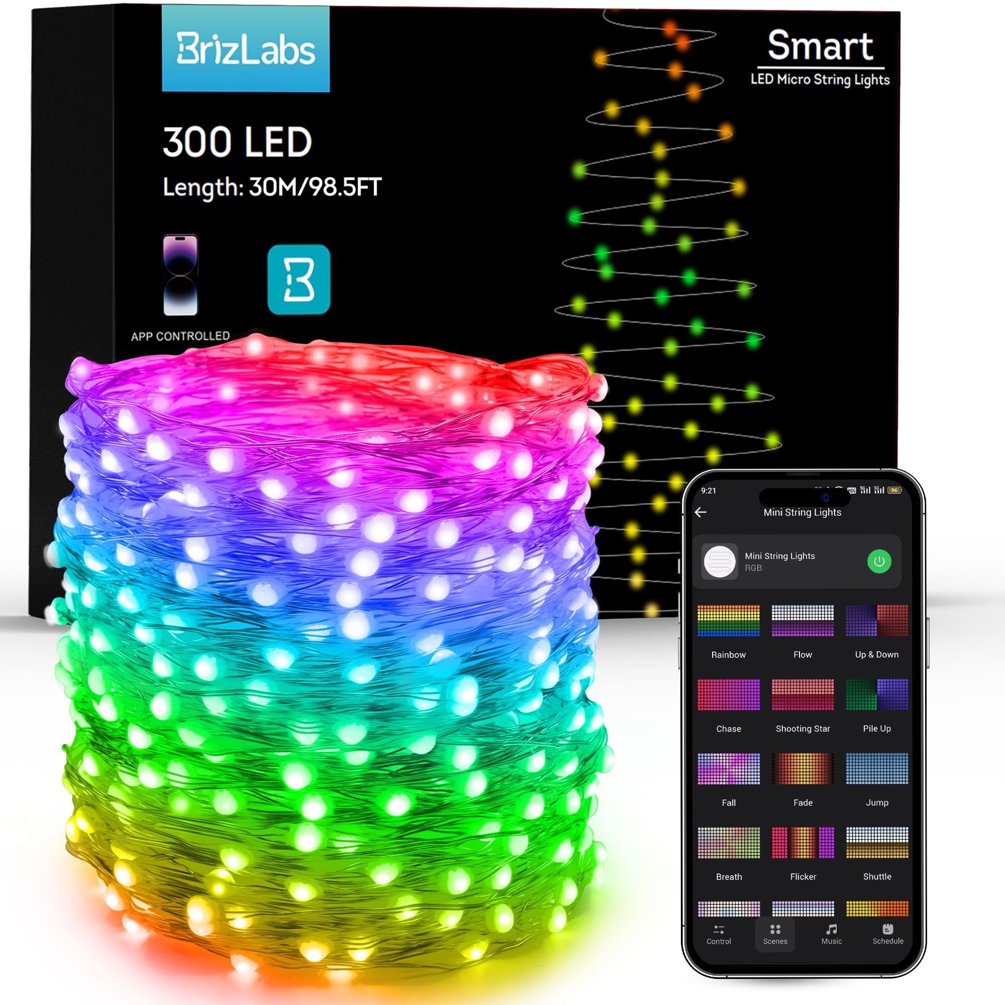 Photo 1 of BrizLabs Smart Christmas Fairy Lights, 98ft 300 LED WiFi Christmas Fairy Lights Work with Alexa & Google Home, Rainbow Xmas Light Dimmable Xmas Decorative Lighting Music Sync for Home Holiday Party