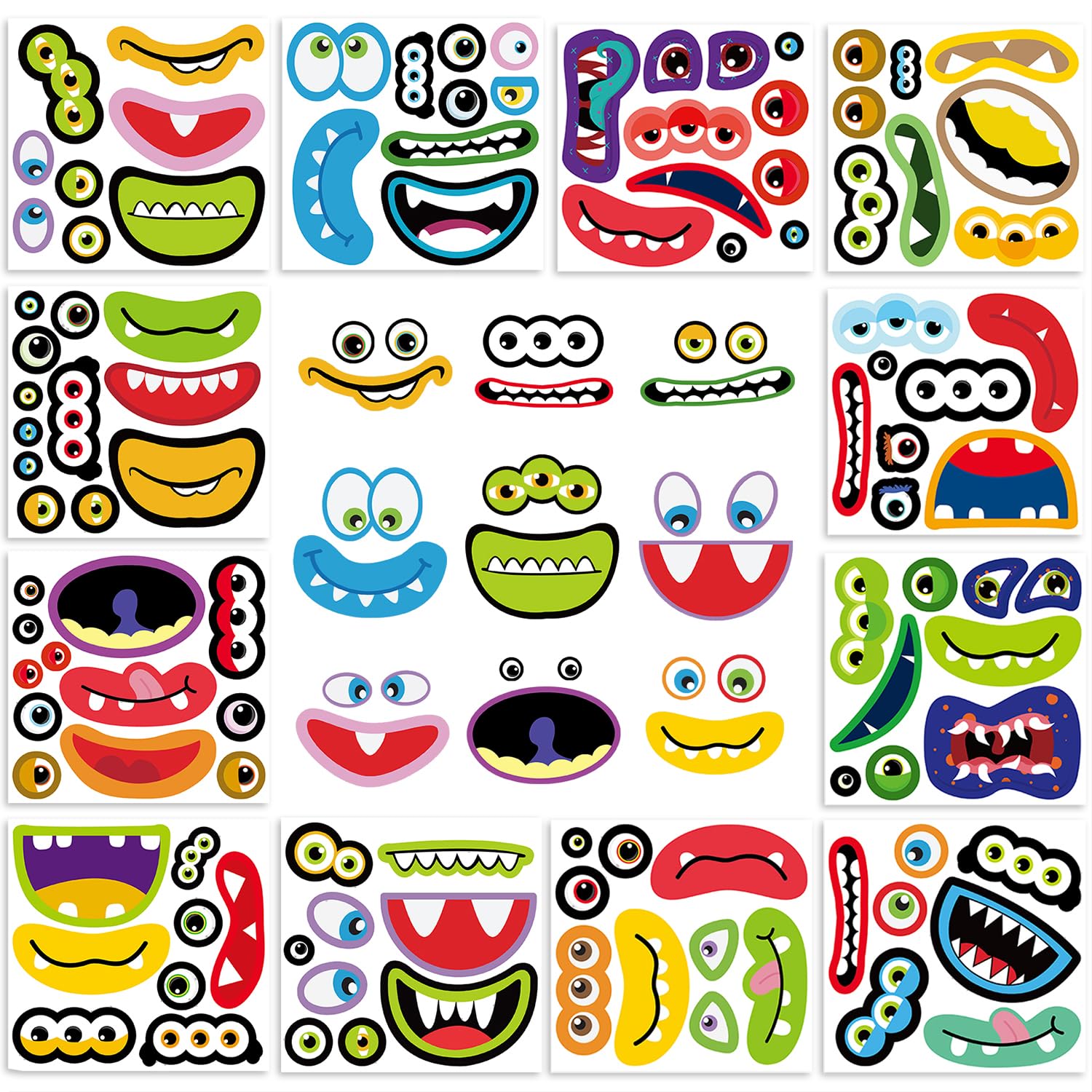 Monster Face Stickers — 12 Sheets (Make 36 Faces), Waterproof Glossy PVC, Mix-and-Match Eyes & Mouths, Build-a-Monster Decals for Kids Crafts, Halloween, Water Bottles & Laptops