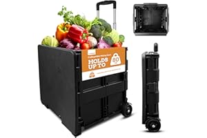 Inspired Living Collapsible Ultra-Slim Pack-N-Roll,2 Wheel Utility Cart w/Lid used as Seat up to 250 Lbs, Telescopic Handle - Super Strong, for Home, Garden, Shopping, Office, School use, Large, Black