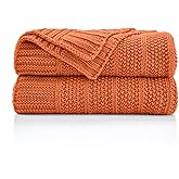 Douceur Orange Throw Blanket for Bed, Soft Cozy Lightweight Stripe Pattern Knitted Throw Blanket for Sofa, Living Room Gift, 50"X60"