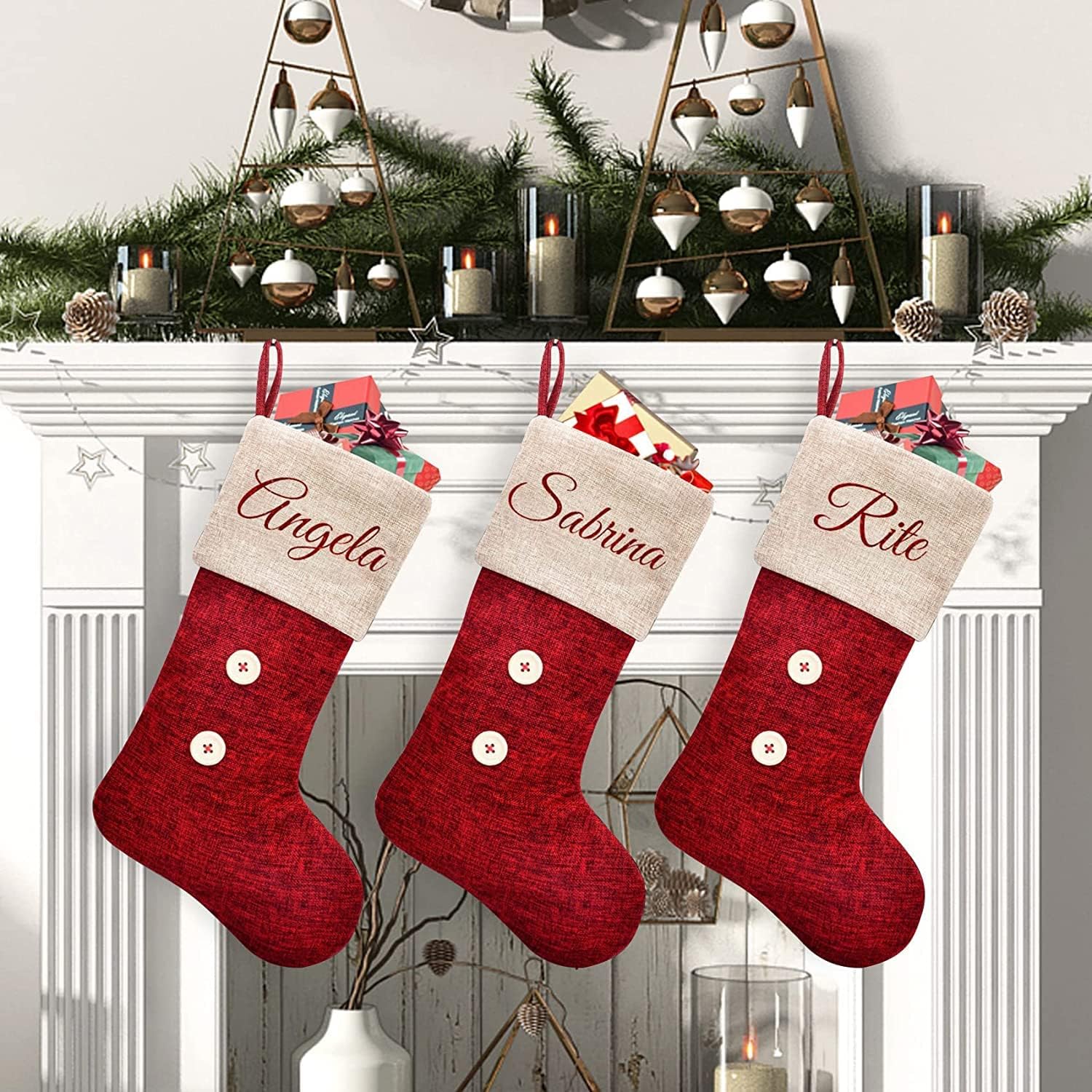 Stockings & Holders - ElegantPark Personalized Christmas Stockings 3 Pack Red Burlap Christmas Stockings Monogrammed Custom Large Xmas Rustic Holiday Fireplace Home Decoration Gifts for Family