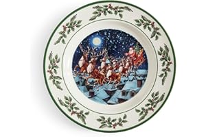 Spode Tree Annual Collector's Plate, 10 Inch - Santa with Reindeer Over Snowy Village, Festive Holly Border - Porcelain Chris