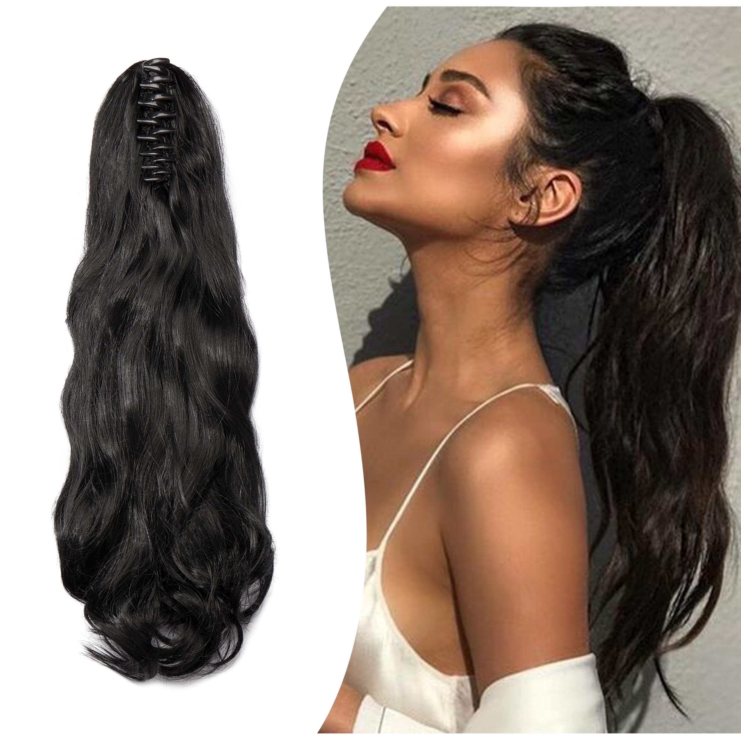 Gairyan 20inch Ponytail Extension Clip in Ponytail Hair Extensions Curly Wavy Pony Tails Claw on Ponytail Long Wave Synthetic Hairpieces for Women Soft Real Look (Black)