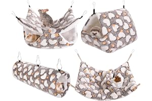 MCEAST 4 Pieces Small Pets Cage Accessories Hanging Hammock Sleeping Bag Tunnel and Bed Hideout Set Warm Sleep Nap Sack Bed for Hamster Ferret Squirrel Rabbit